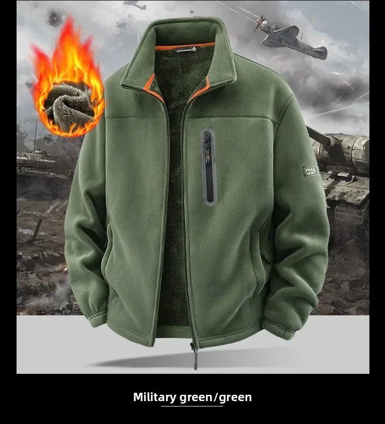 Winter Thickened Windproof Stand Collar Zipper Jacket for Men Casual Outdoor Fleece-Lined Coat Embroidered Men's Warm Jackets