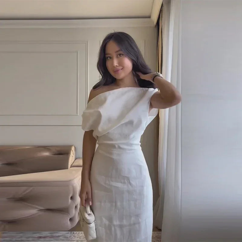 Elegant Off Shoulder Women's Dress Solid Sleeveless Oblique Collar Long Female Dresses 2026 Summer Fashion Lady Comfortable Robe