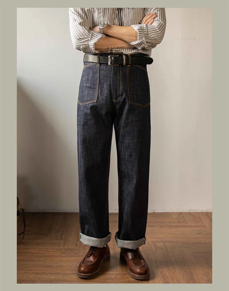 Red Tornado Denim Railroad Pants High Waist Rugged Style Selvage Jeans Back Buckle