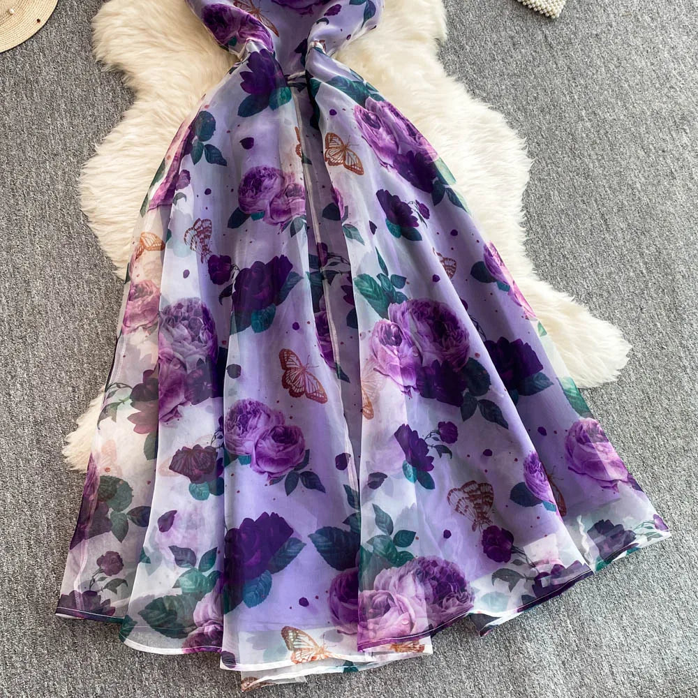 Spring Floral Series Holiday Dr Women's Summer High Waist Slim Fit Sexy Strapl Midi Length Belted Gown Korean Sle