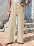 Women's Plain Frill Trim Drawstring Waist Wide Leg Pants, Boho Casual High Waist Trousers for Daily Outdoor Wear, Ladies Bottoms