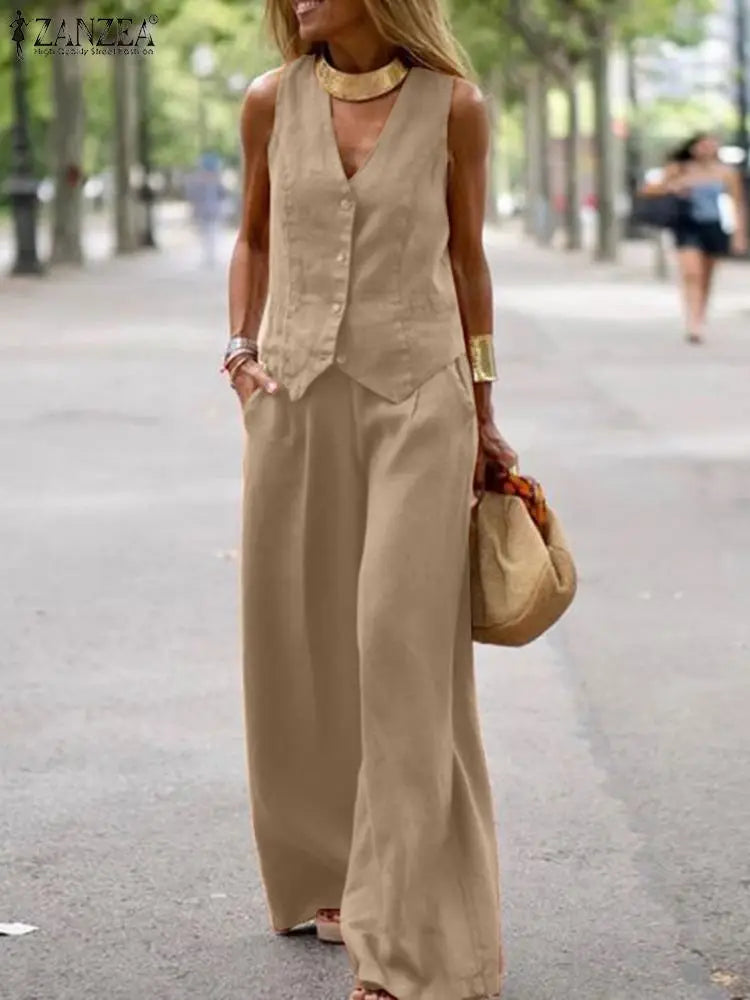 ZANZEA 2026 Women's Two-Piece Sets Wide Leg Pants & Vest Tops Summer Elegant Casual Pant Suits Outfits Office Work Plus Size 5XL