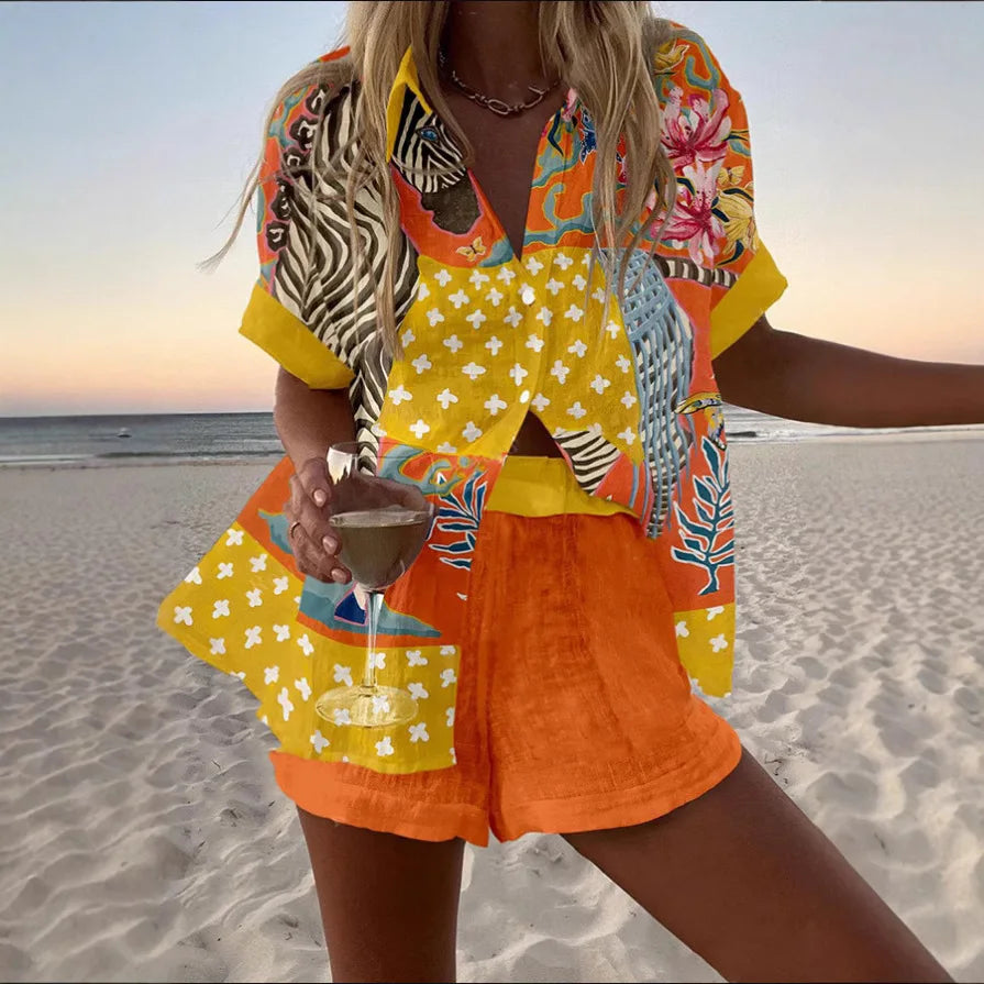 Fashion Print Beach Holiday 2-Piece Set Women Summer Short Sleeve Shirt Top + Wide Legs Short Women's Oversized Two-Piece Outfit