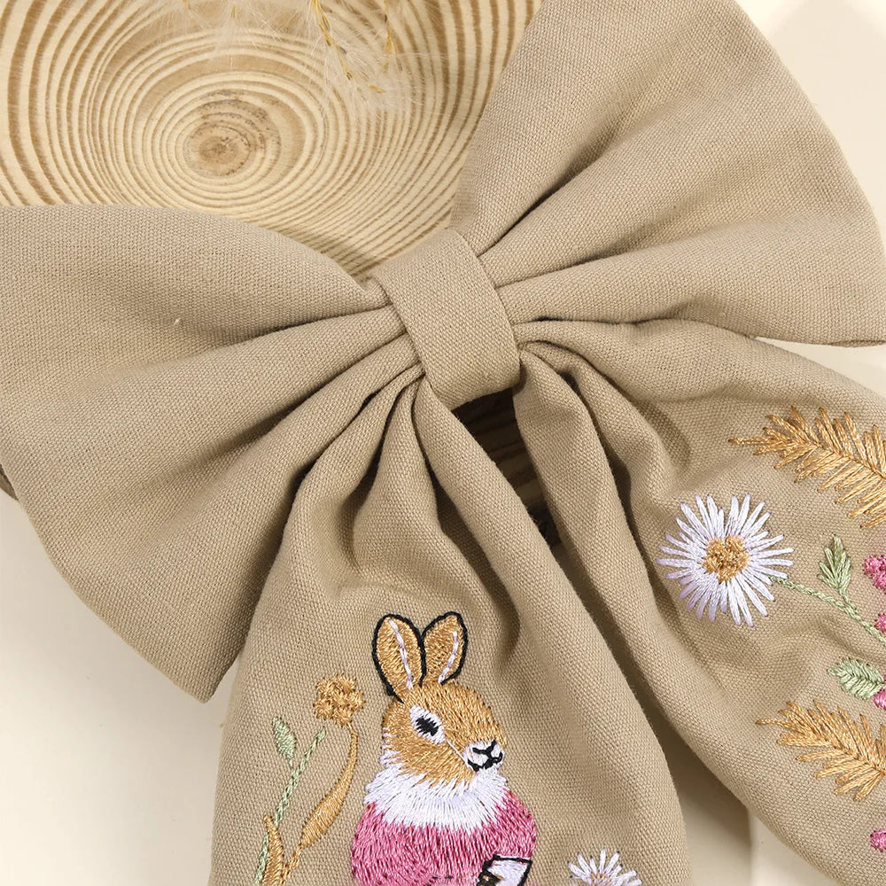 Rabbit Embroidery White Bow Hair Clip Sweet Girls Bunny Bowknot Hairpin Handmade Fabric Kids Cute Headdress Headwear Accessories