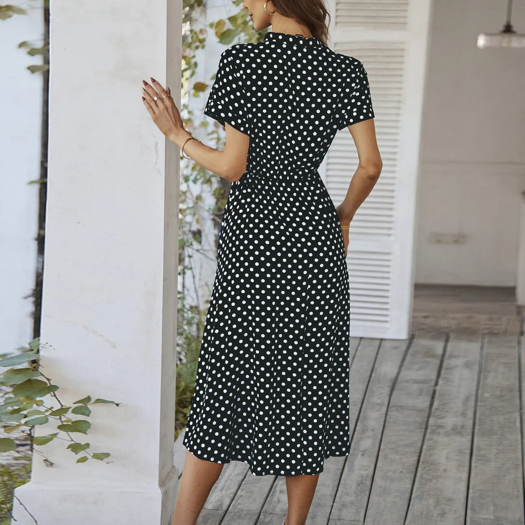 Elegant retro polka dot dress Women's Summer Midi Dress V Neck Single Breasted Short Sleeve Dresses Fashion Print Dress