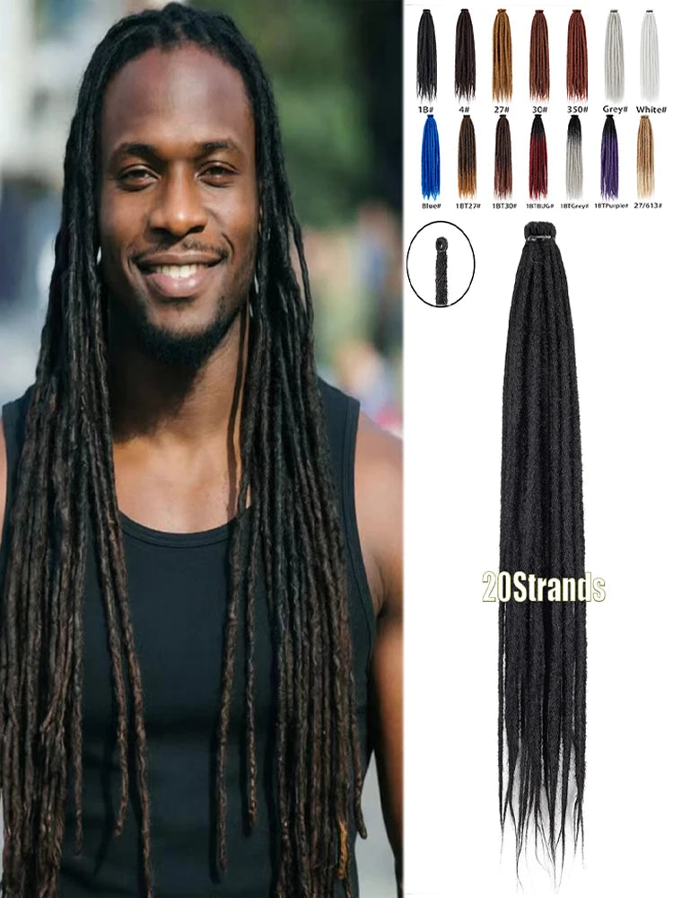 20Strands 24 Inch Synthetic Dreadlock Extensions Ombre Black 0.6cm Width Single Ended Hippie Reggae Style Crochet Hair for Men