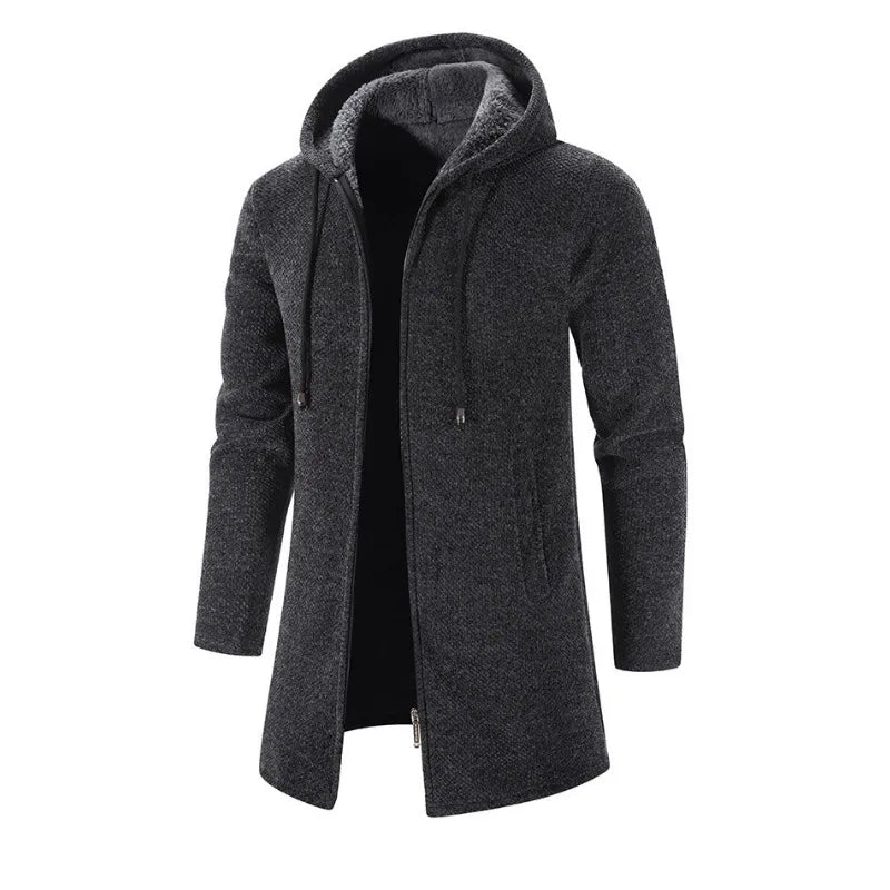 KIDWHXR Man Autumn Winter Cardigan Jacket Fleece Warm Hooded Sweater Coat Male Mid Length Long Sleeve Male Casual Outerwear