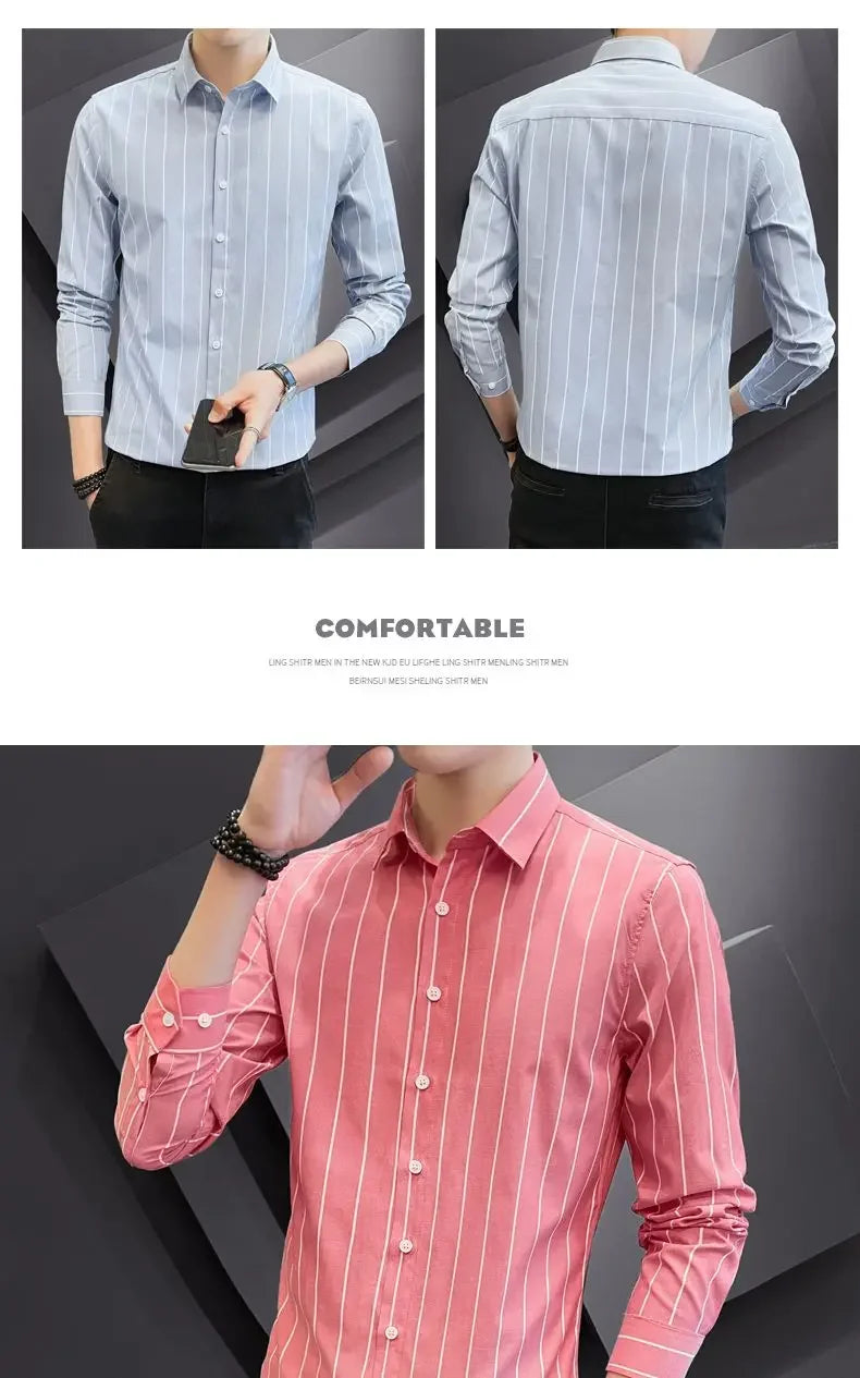 Stylish Men's Striped Shirt Printed Casual Business Dress Shirts Long Sleeve All-Match Slim Fit Fashion Korean Streetwear Shirts