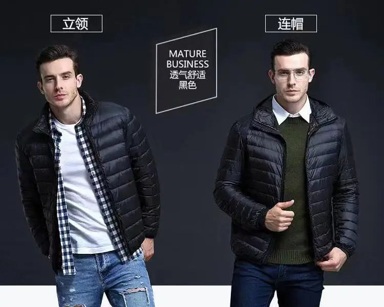 Down Cotton Coat Man 2025 Light Feathered Cotton Jacket Winter Slim Hooded Stand-Up Collar Solid Color Warm Clothing