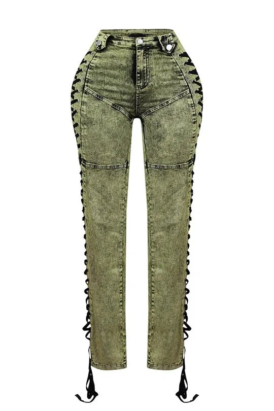 Europe America New Fashionable Women's Straight-leg High-waisted Jeans, Featuring Lace-up Straps and Drawstrings for Hot Girls