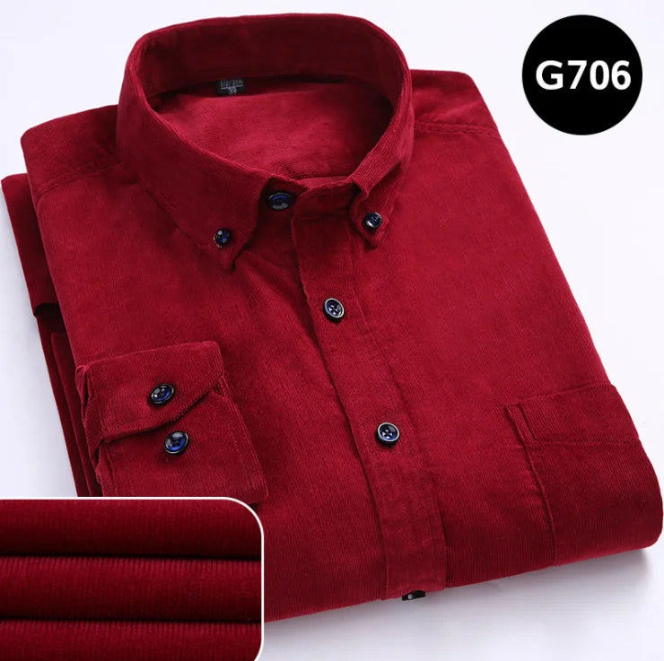 6XL Autumn/winter Warm Quality 100%cotton Corduroy long sleeved button collar smart casual shirts for men comfortable