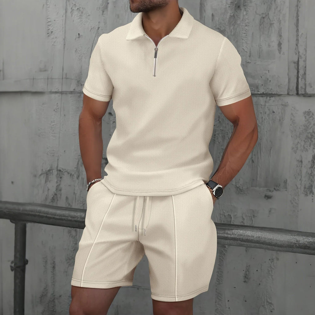 2025 Summer Solid Color Zipper Short Sleeve Set Shorts Two Piece Set Men's Wear