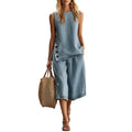 Women Two-Piece Set Soft Fabric Lounge Set Cotton Linen Sleeveless Vest ＆ Wide Leg Pants Suit Summer 2 Piece Sets Women Outfits