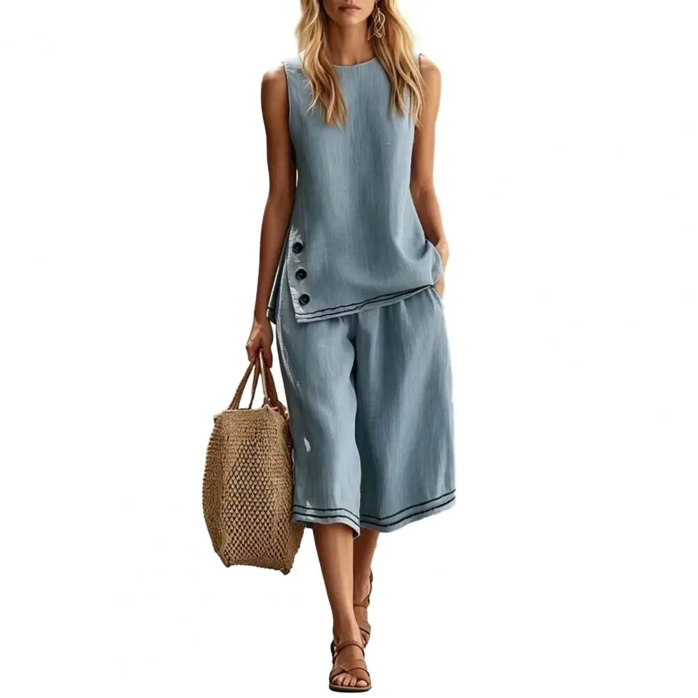 Women Two-Piece Set Soft Fabric Lounge Set Cotton Linen Sleeveless Vest ＆ Wide Leg Pants Suit Summer 2 Piece Sets Women Outfits