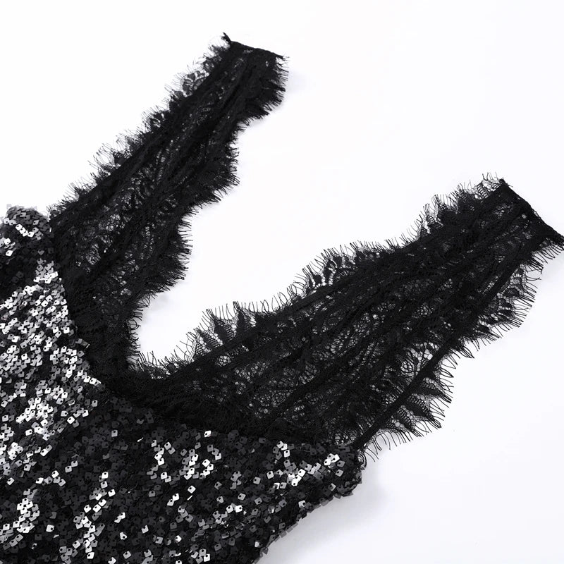 Sexy Deep V-neck Lace Spliced Sequins Long Dress Women Sleeveless Backless Hip Package Slim Dresses 2026 Spring Lady Party Gowns