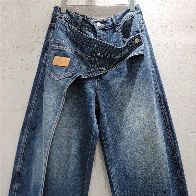 Women Irregular Crossover Waist Wide Leg Jeans Women's 2026 Autumn New Wide Legs Pants Vintage Washed Casual Denim Trousers