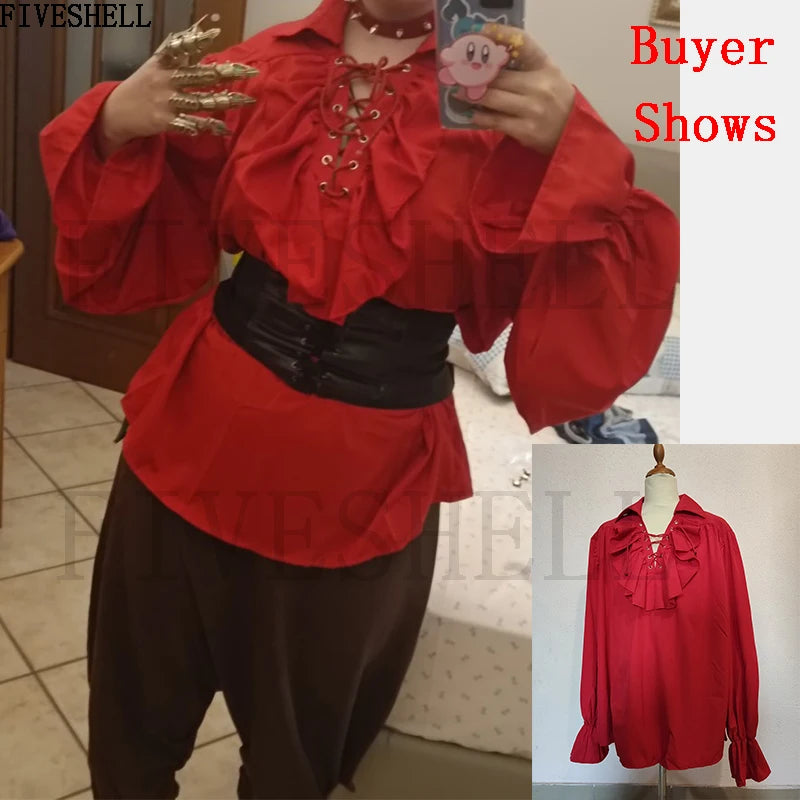 Medieval Mens Renaissance Costume Ruffled Shirts Long Sleeve Lace Up Steampunk Pirate Shirt Cosplay  Stage Costume for Women