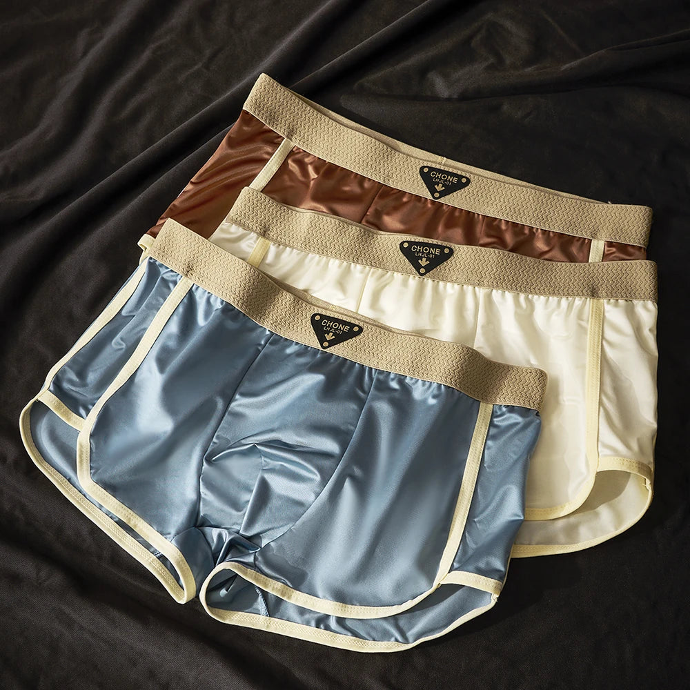 3PCS/Pack 10A Antibacterial Silk Mesh Crotch Men's Panties Luxury Satin-like Ice Silk Boxer Comfort Breathable Smooth Underpants