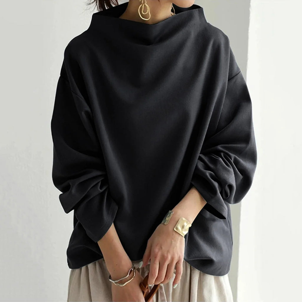 UOOZEE Women Fashion Black Solid Color High-Neck T-Shirts 2025 Spring Autumn Long Sleeves Loose Casual Daily Simple Tops