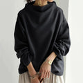 UOOZEE Women Fashion Black Solid Color High-Neck T-Shirts 2025 Spring Autumn Long Sleeves Loose Casual Daily Simple Tops