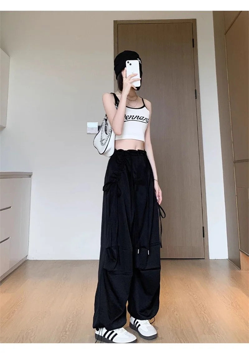 2026 Spring Summer New Women Pants Drawstring High Waisted Female Wide Leg Trousers Casual Vintage Korean Ladies Slim Work Pants