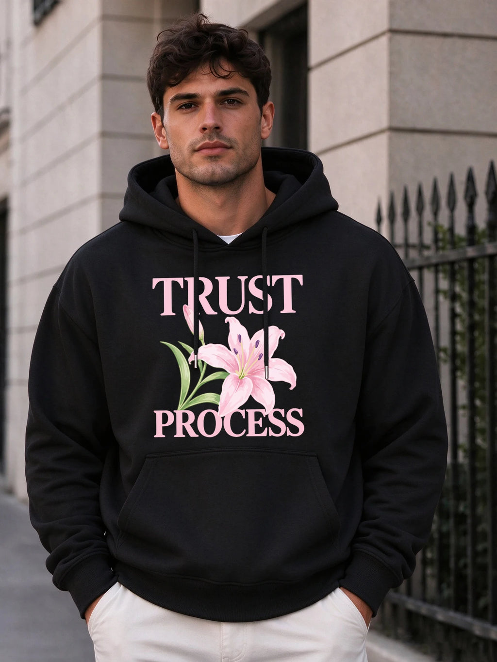 Trust Process Hibiscus Print Men Basic Hoody Casual Pocket Tops Hip Hop Loose Pullover Autumn Fleece Unisex Simple Long Sleeve