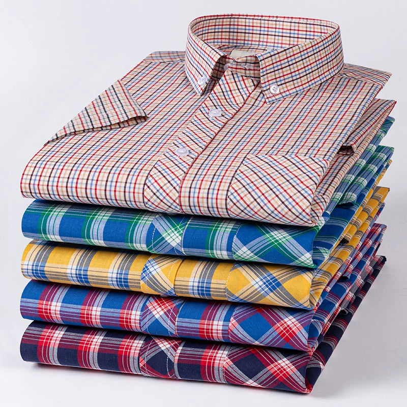Fashion Korean Plus Size 8XL 100%Cotton Short Sleeve Shirts for Men Slim Fit Formal Plain Shirt Plaid Hawaiian Shirt Casual Top