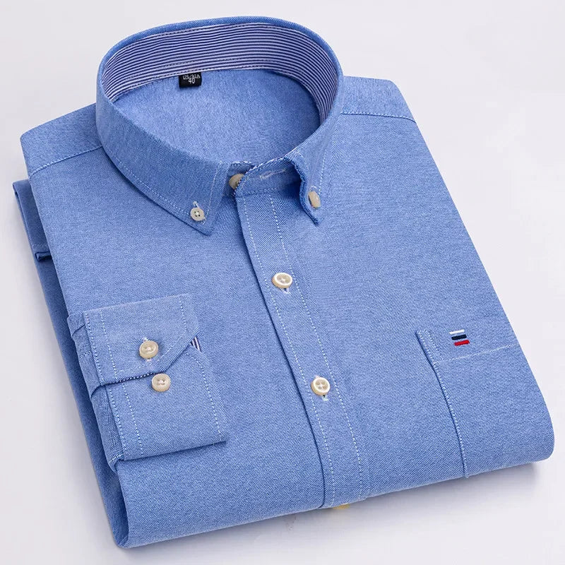 Men's 100% Cotton Smart Casual Shirt Long Sleeve Plaid Oxford Casual Solid Color Print Regular Fit Dress Shirt Oversized  6XL