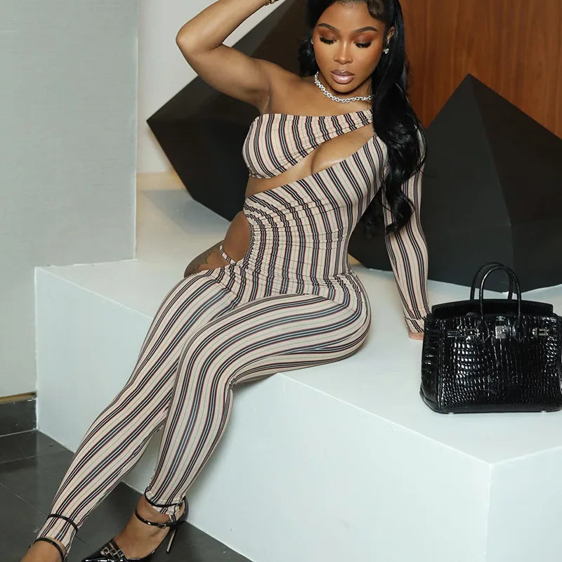 Fashion Women's Sexy Hollow Jumpsuit 2025 Spring Ruched Irregular Hipster Club Stripes Print Full Sleeve Midnight Party Overalls