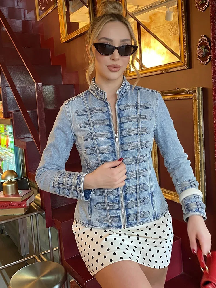 HH Y2K Military Short Denim Jacket Women's Light Washed Stand Collar Slim Denim Jacket Sexy Spring and Autumn Street Tops