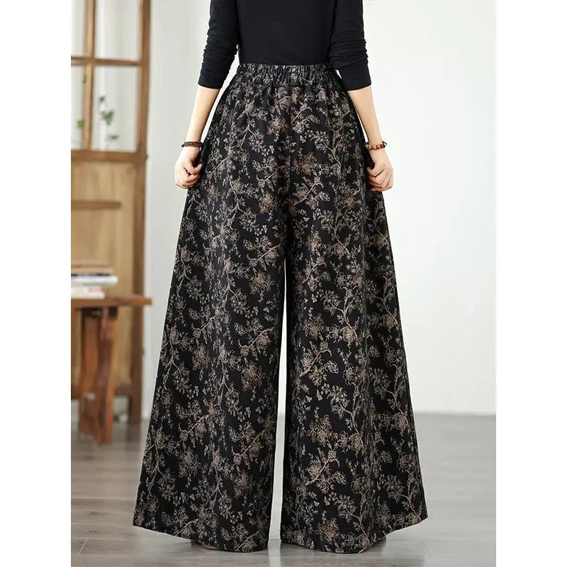 Denim Wide-leg Pants For Women 2025 Autumn New Style Printed Elastic Waist Loose Oversized Casual Denim Straight Pants