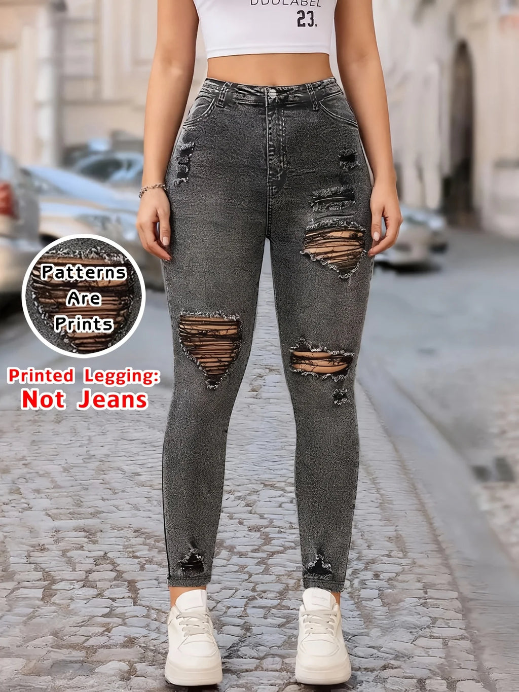 【Non-Denim】Women's Faux Denim Print Leggings, Sports Casual Skinny Pants, Thin Soft Skin-Friendly Yoga Pants, All Seasons Wear L