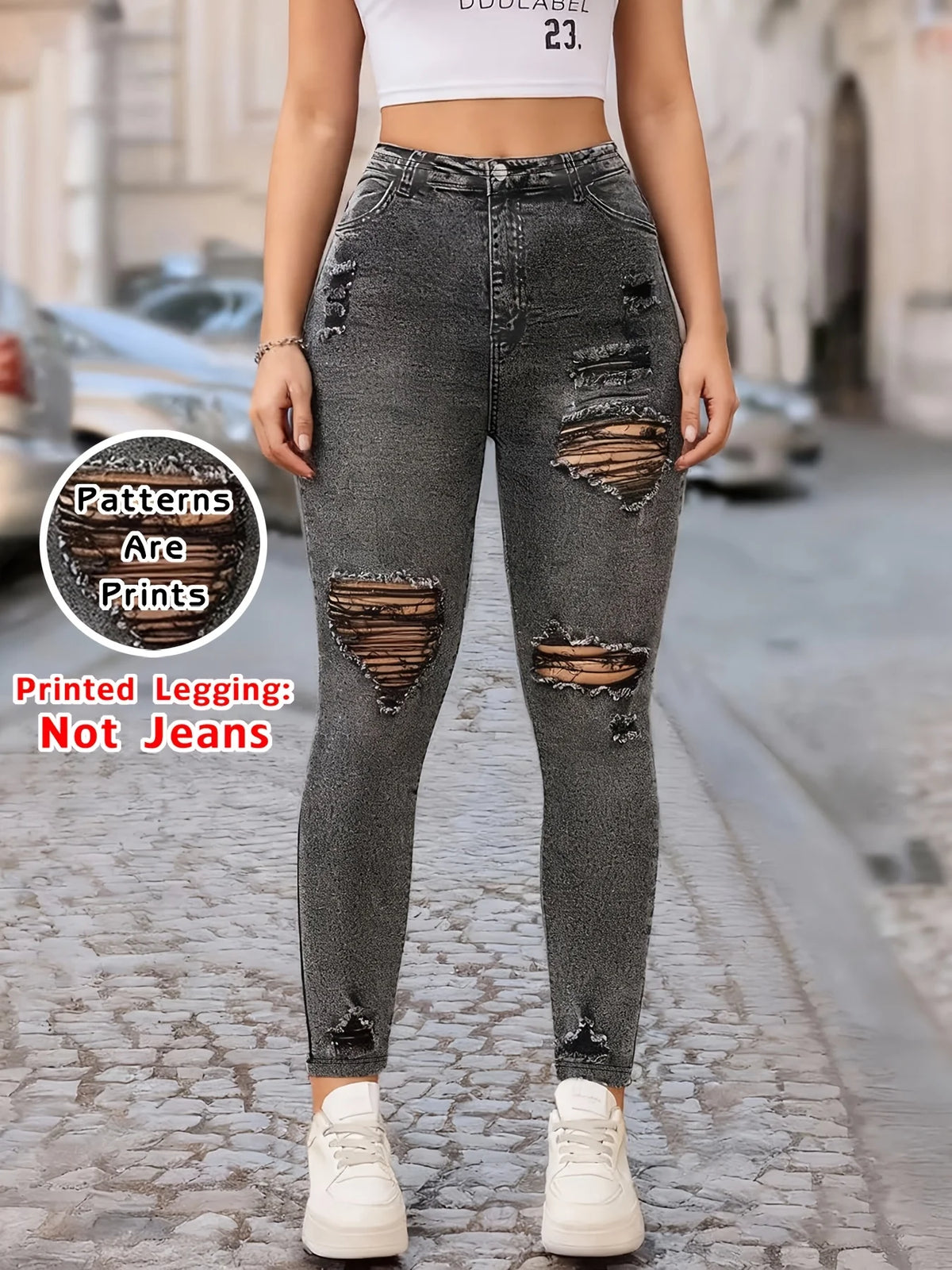 【Non-Denim】Women's Faux Denim Print Leggings, Sports Casual Skinny Pants, Thin Soft Skin-Friendly Yoga Pants, All Seasons Wear L