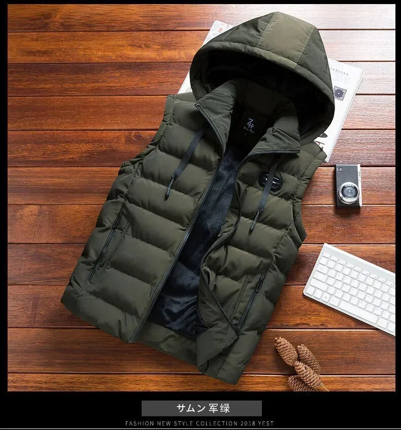 Fashion Warm Hooded Male Winter Vest Light Plus Size Mens Work Vest Waistcoat Hooded New Fleece Autumn Sleeveless Jacket for Men