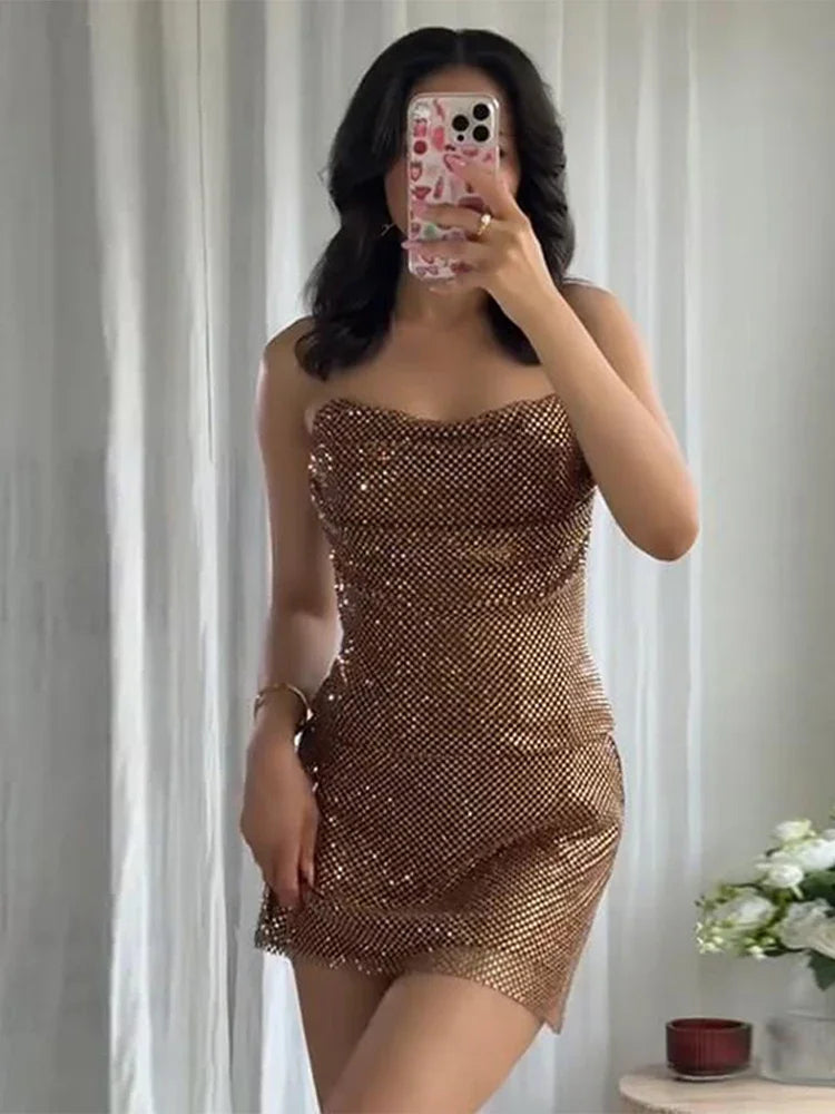Stylish Rhinestones Dresses Elegant Women Sleeveless Backless Glitter Hip Package Dress 2025 New Crystal Lady Evening Party Robe