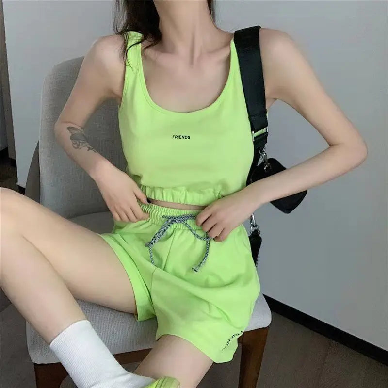 Women's Short Set Summer New Solid Sportswear Tank + Shorts Two Piece Womens Outifits Casual Sport Sets Woman