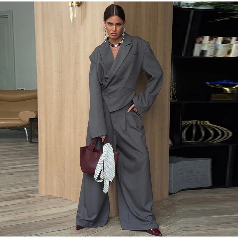 Women Solid Top Pants Set Lapel Neck Single Breasted Oversized Coats Ruff Leg Loose Pants Set Lady Spring Chic Casual Sets Wear