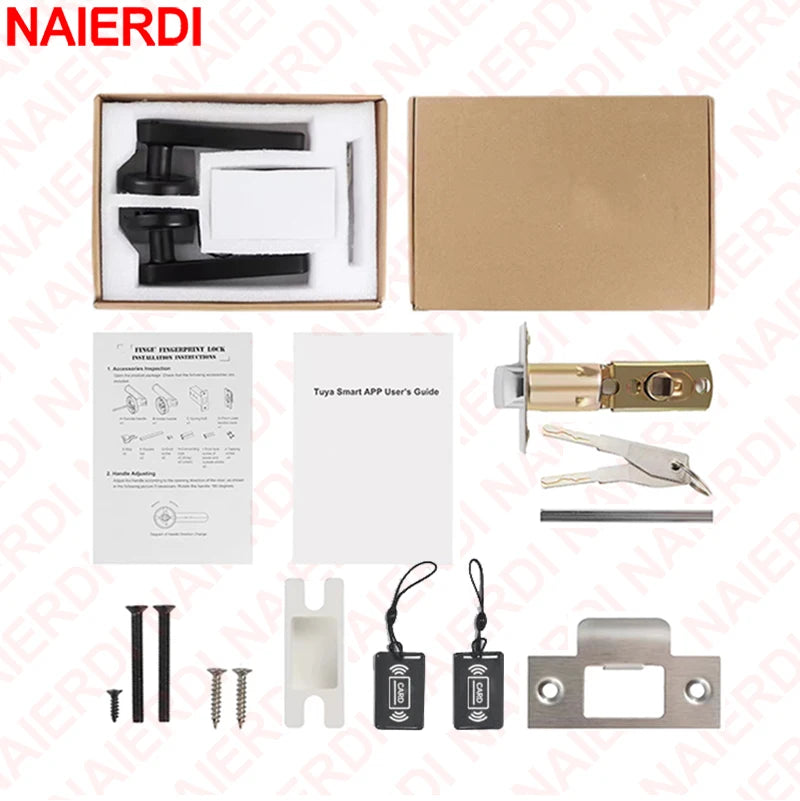 NAIERDI Smart Fingerprint Door Lock Tuya APP Bluetooth Keypad Card Entry Door Lock with Handle for Home Apartment Bedroom