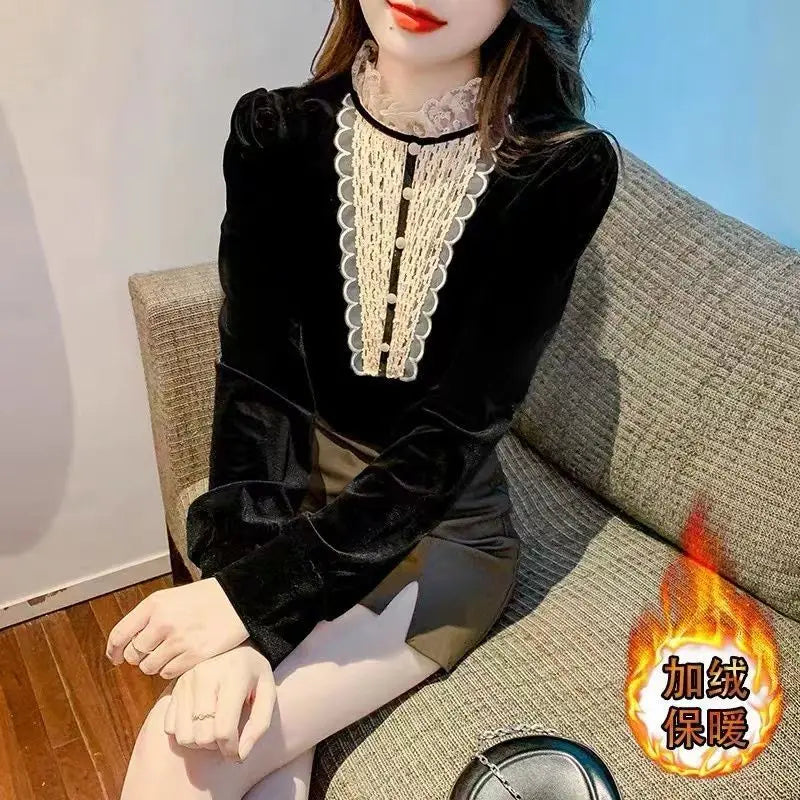 Fashionable Long Sleeved Gold Velvet Lace Base Shirt Women's Top Stylish Small Shirt