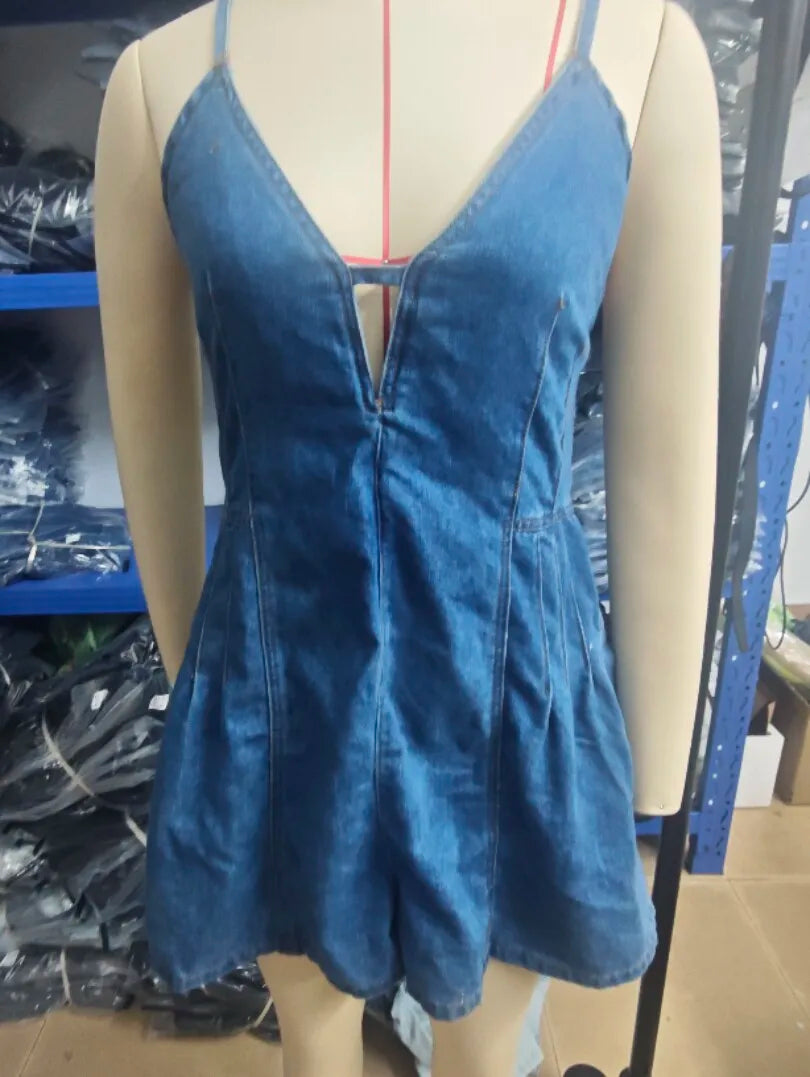 Summer Multi Colors Denim Playsuit Women Camisole Backless Lace-Up Loose Wide Legs Shorts Rompers Jumpsuit Jeans Sleeveless 6502