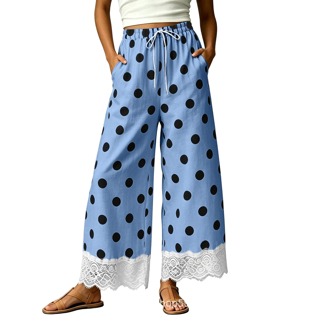 Ladies' Casual Wide Leg Pants, Thin and Sweet, Nine PointWide LegPants, Loose ElasticWaisted Lace Pants, Women's Polka Dot Cheap