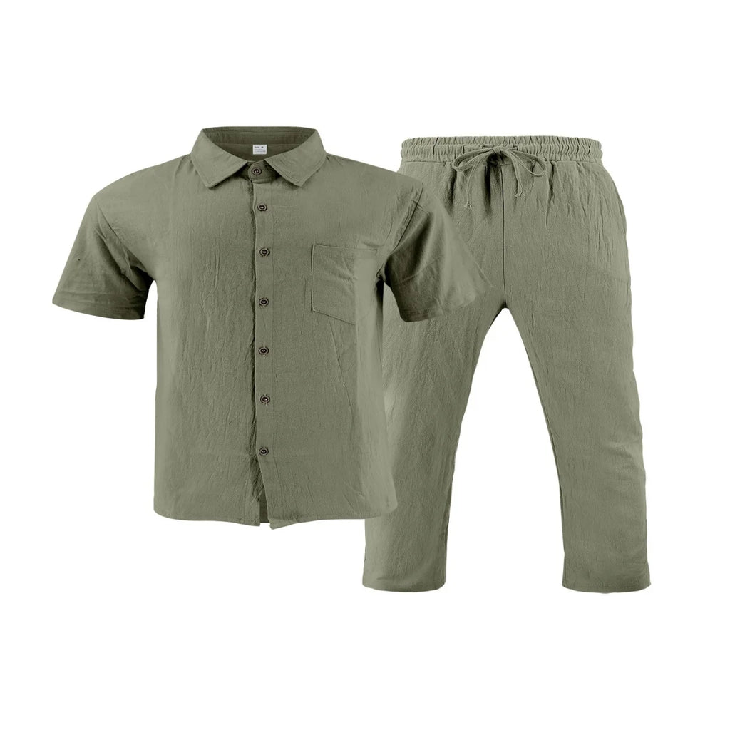 Men's Summer Beach Casual Cotton Linen Shirt Two-Piece Set with Lapel Pocket Long Pants And Shor Fashionable Breathable Clothing