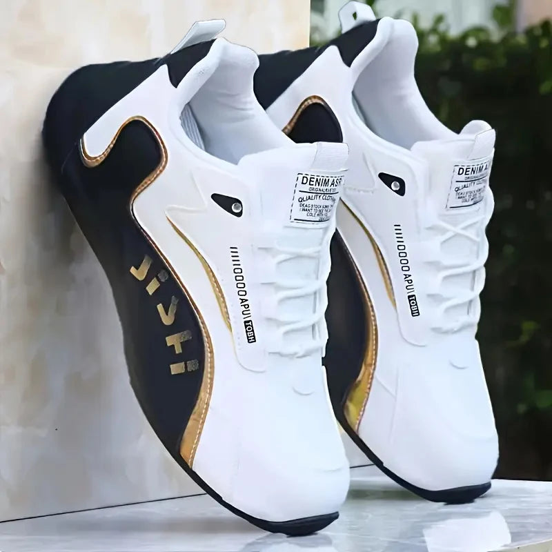 Men's Fashionable Sneakers – Casual Sneakers with Gold Accents, White Upper, Black and Gold Embellishments, Lace-Up Style, Perfect for Pairing with Casual Outfits and for Outdoor Activities