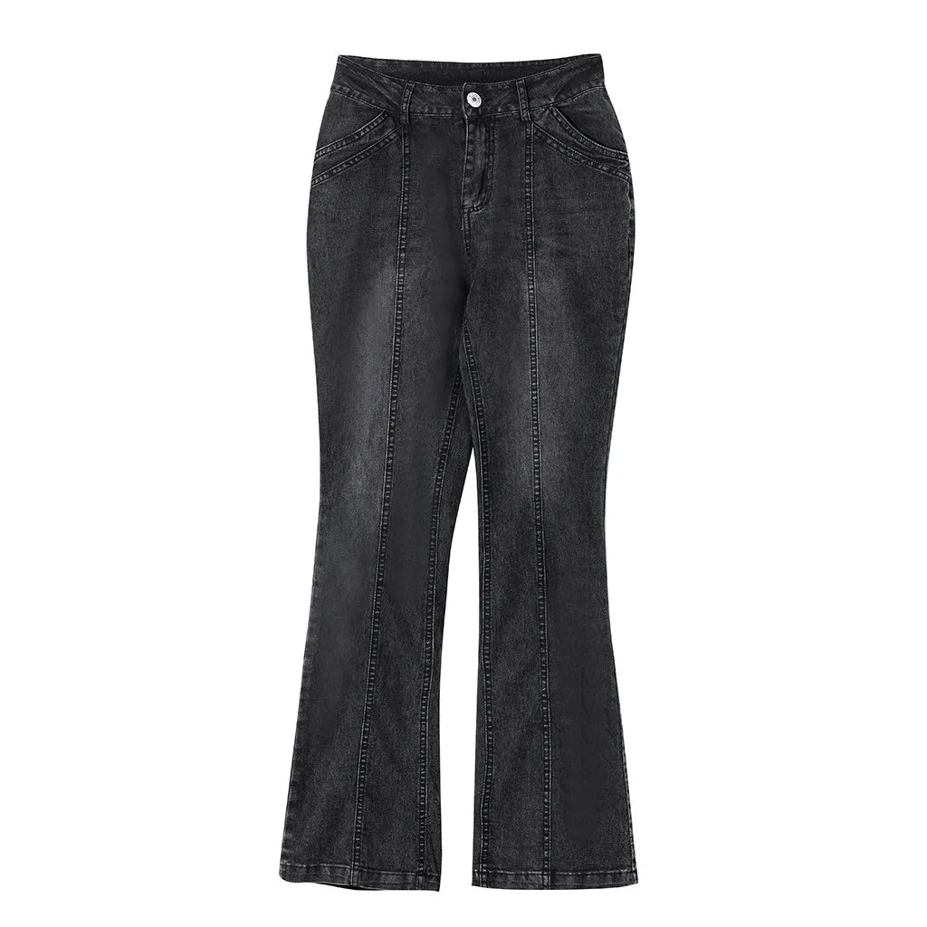 Women'S Jeans Denim Mid Waisted Denim Pants Embroidery Stretch Button Flare Pants Jeans 90s Vintage Clothes For Female