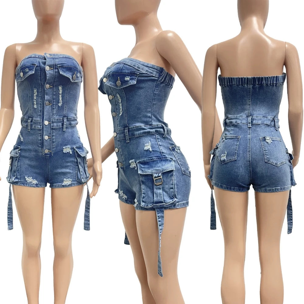 HLJ&GG Blue Denim Fashion Hollow Out Shorts Two Piece Sets Women Sleeveless Backless Bandage  Crop Top And Shorts Cowboy Outfits