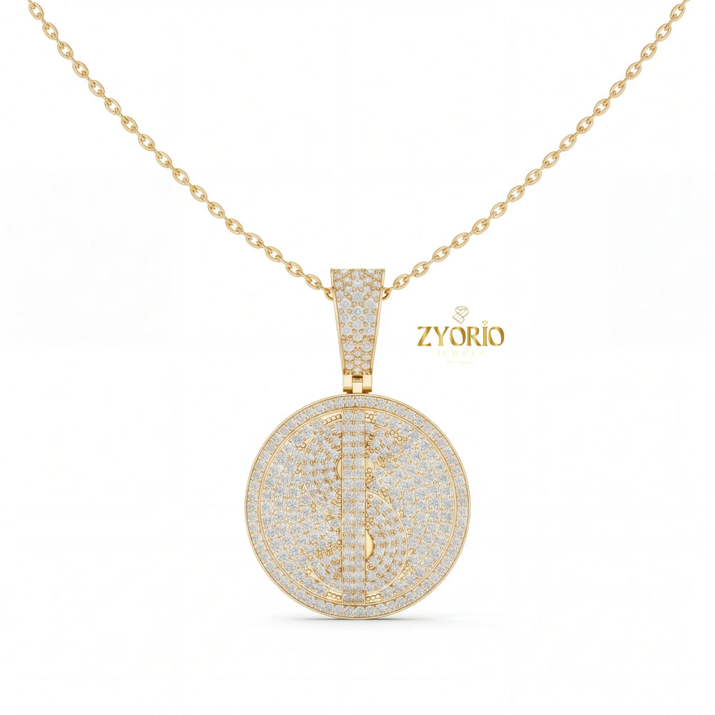 Women's Silver Minimalist Luxury Diamond Medallion Pendant Sparkling Gold Plated Modern Elegant Engagement Anniversary Wedding