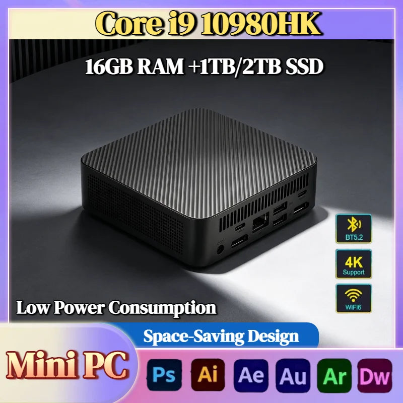 Intel Core i9 10980HK Mini PC 16GB DDR4 512GB M.2 NVMe SSD Triple 4K Output WiFi6 BT5.2 Silent Cooling Office Home Desktop Pro
