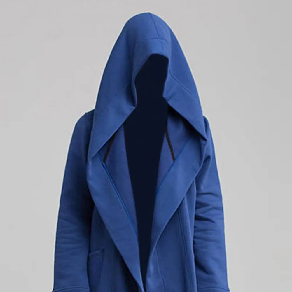 Oversize Men Coat Long Turn-down Collar Big Hat Cardigan Trench Coat Hooded Oblique Hem Big Pockets Men Windbreaker Outwear