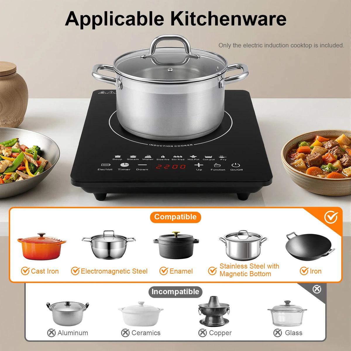 Portable Induction Burner, 750W Electric Induction Countertop Burner with Touch Panel, 8Cooking Preset Programs, Temp Adjustable for Home RV Dorm