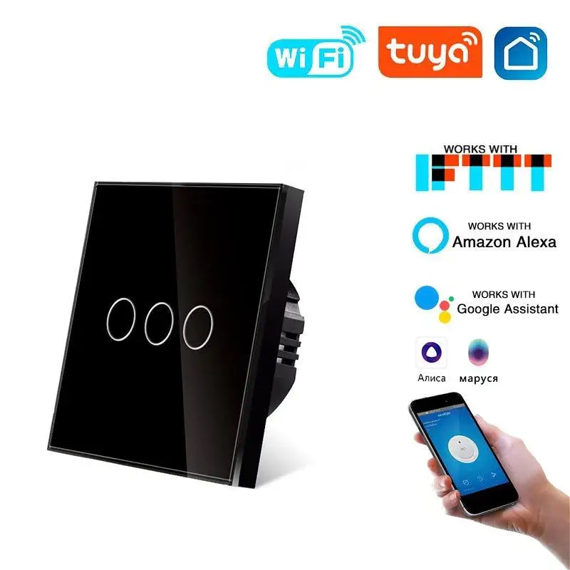 Tuya WiFi Smart Touch Switch Glass Panel EU Standard 1/2/3/4 Gang Light Switch Neutral Wire Required App Voice Control Alexa Goo